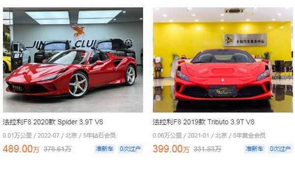 法拉利f8二手價(jià)格 二手f8售價(jià)399萬元(新車305萬)